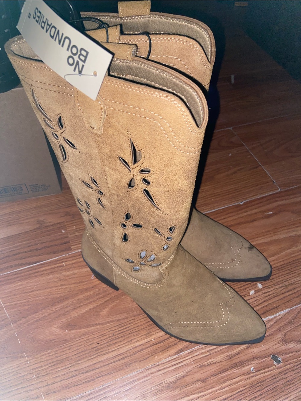 No Boundaries Tan Suede Cutout Western Boots - Women's